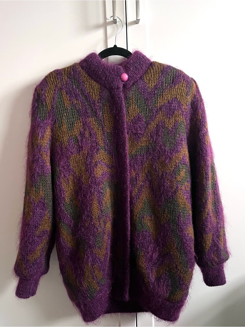 VTG 80s Abstract Shaggy Mohair Knit Zip Up Sweater Jacket Lined L/XL Purple Gold